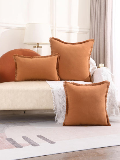 1pc Solid Color Cushion Cover Without Filler, Minimalist Canvas Fringe Trim Decorative Throw Pillow Case For Living Room, Home Decor