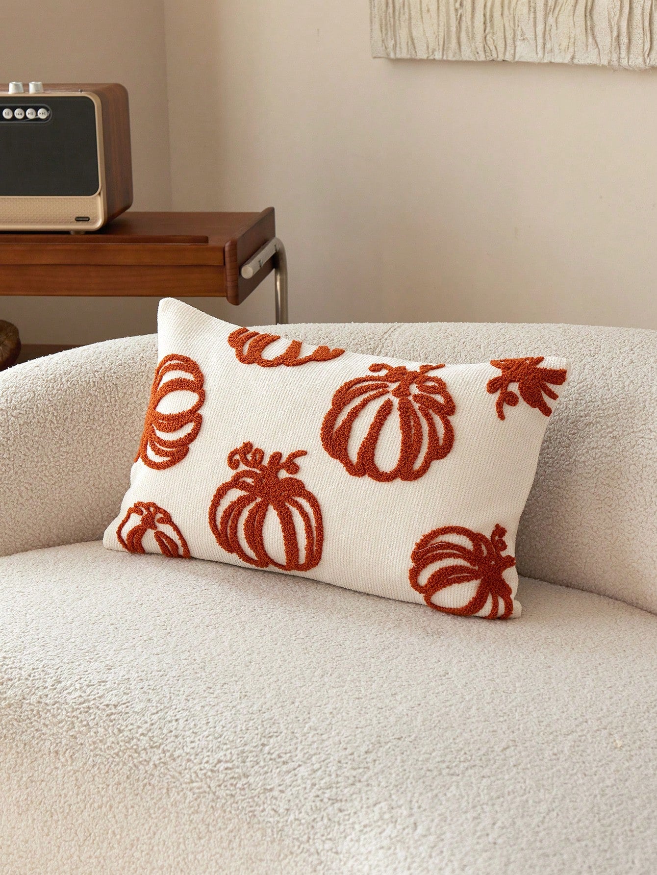 1pc Thanksgiving Beige Pumpkin Embroidered Throw Pillow Cover, Suitable For Indoor Decor, Harvest Festival Decorative Pillow Cover, Pillow Insert Not Included