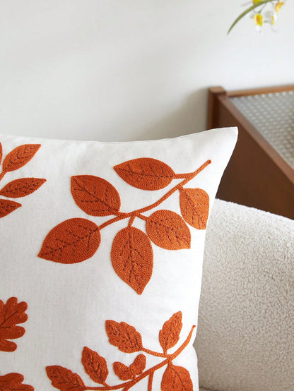 1pc Thanksgiving Maple Leaf Embroidered Pillow Case, Autumn Orange Leaf Pillow Cover, Suitable For Indoor Decoration, Harvest Festival Decor, All Season Pillow Case, Without Insert