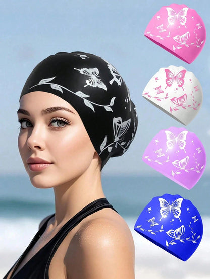 1Pc Thick Silicone Swim Cap, Butterfly Printed Waterproof Swimming Hat, Anti‑Slip High Elastic Comfort Fit, Tear Resistant Durable Adult Unisex Swimming Cap For Long & Short Hair, Pool Beach Surfing W