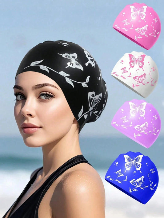 1Pc Thick Silicone Swim Cap, Butterfly Printed Waterproof Swimming Hat, Anti‑Slip High Elastic Comfort Fit, Tear Resistant Durable Adult Unisex Swimming Cap For Long & Short Hair, Pool Beach Surfing W