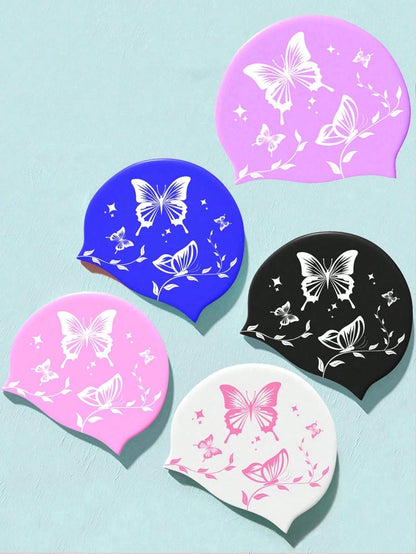 1Pc Thick Silicone Swim Cap, Butterfly Printed Waterproof Swimming Hat, Anti‑Slip High Elastic Comfort Fit, Tear Resistant Durable Adult Unisex Swimming Cap For Long & Short Hair, Pool Beach Surfing W