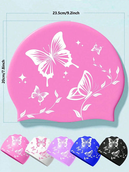 1Pc Thick Silicone Swim Cap, Butterfly Printed Waterproof Swimming Hat, Anti‑Slip High Elastic Comfort Fit, Tear Resistant Durable Adult Unisex Swimming Cap For Long & Short Hair, Pool Beach Surfing W