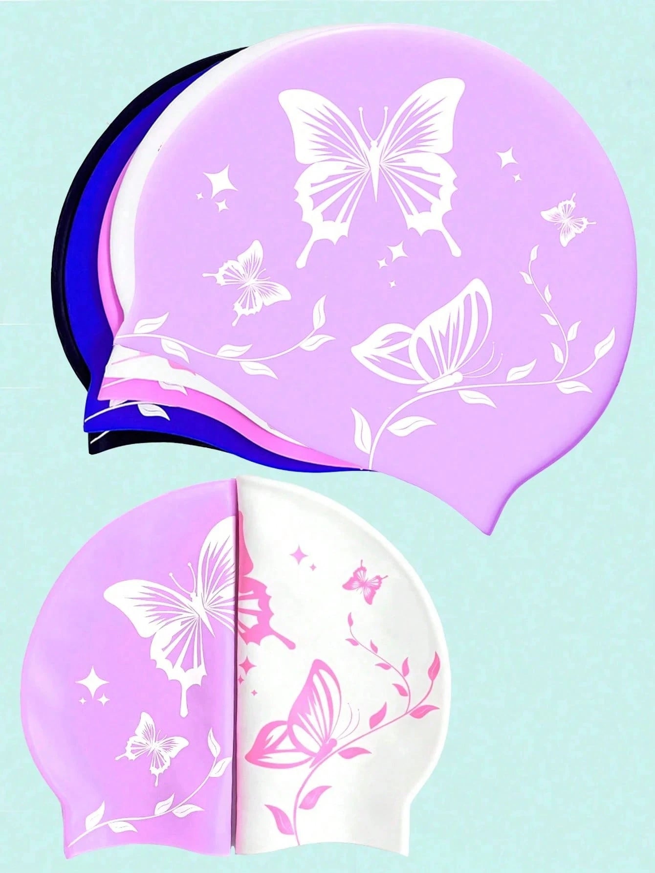 1Pc Thick Silicone Swim Cap, Butterfly Printed Waterproof Swimming Hat, Anti‑Slip High Elastic Comfort Fit, Tear Resistant Durable Adult Unisex Swimming Cap For Long & Short Hair, Pool Beach Surfing W