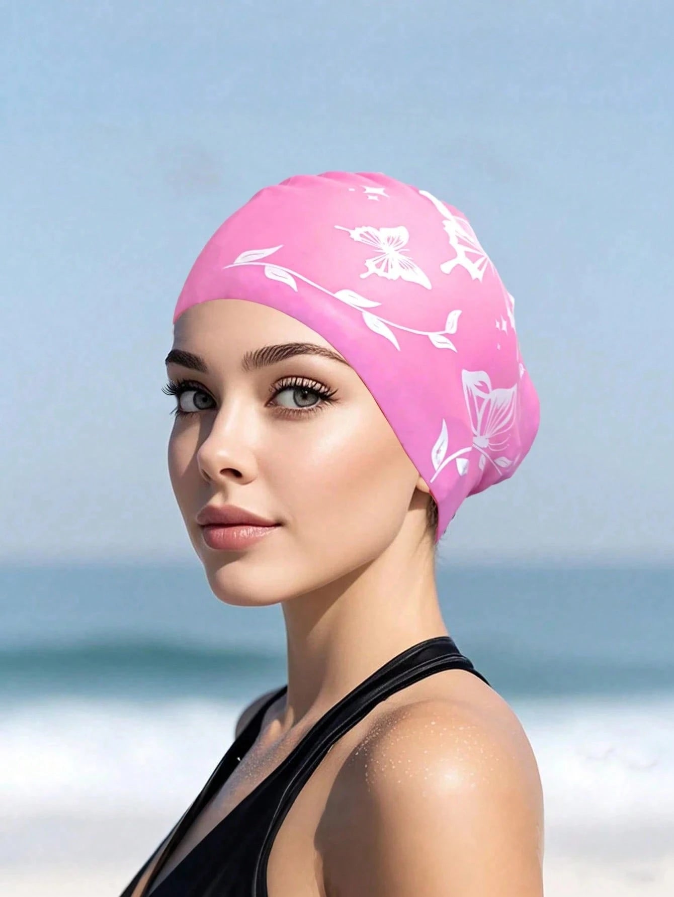 1Pc Thick Silicone Swim Cap, Butterfly Printed Waterproof Swimming Hat, Anti‑Slip High Elastic Comfort Fit, Tear Resistant Durable Adult Unisex Swimming Cap For Long & Short Hair, Pool Beach Surfing W