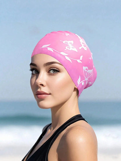 1Pc Thick Silicone Swim Cap, Butterfly Printed Waterproof Swimming Hat, Anti‑Slip High Elastic Comfort Fit, Tear Resistant Durable Adult Unisex Swimming Cap For Long & Short Hair, Pool Beach Surfing W