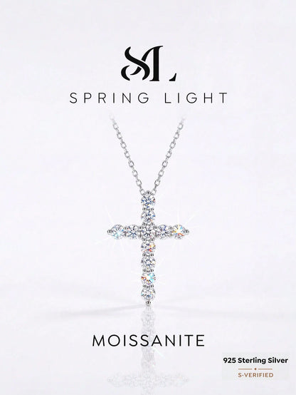 1PC Total Carat Weight: 1.1 Ct Elegant And Stylish Cross-Shaped Mozanite Necklace 925 Sterling Silver,Perfect For Weddings Dances, And Other Occasions