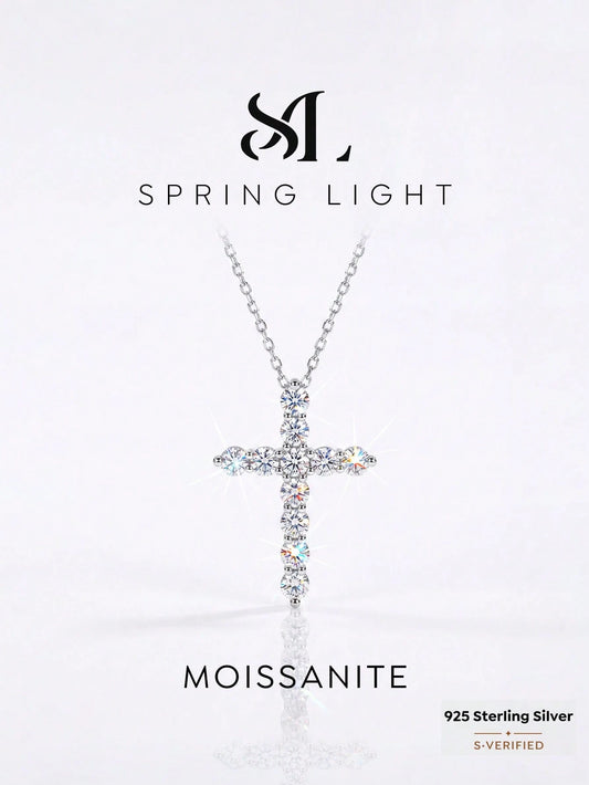 1PC Total Carat Weight: 1.1 Ct Elegant And Stylish Cross-Shaped Mozanite Necklace 925 Sterling Silver,Perfect For Weddings Dances, And Other Occasions