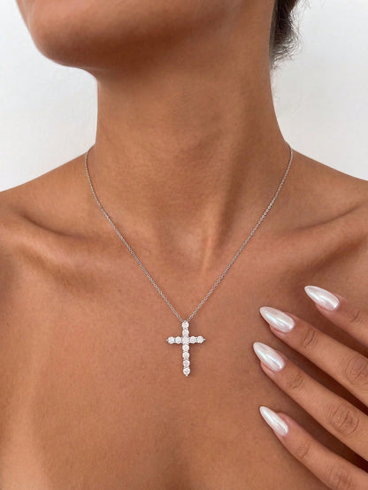 1PC Total Carat Weight: 1.1 Ct Elegant And Stylish Cross-Shaped Mozanite Necklace 925 Sterling Silver,Perfect For Weddings Dances, And Other Occasions