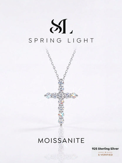 1PC Total Carat Weight: 1.1 Ct Elegant And Stylish Cross-Shaped Mozanite Necklace 925 Sterling Silver,Perfect For Weddings Dances, And Other Occasions