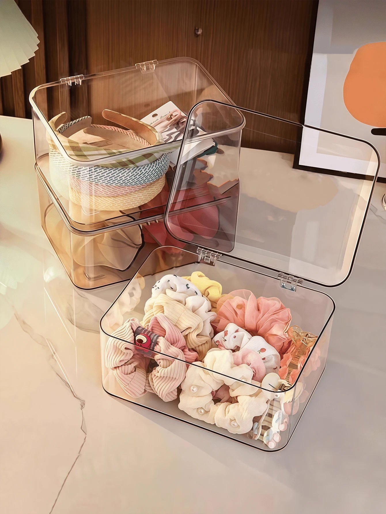 1pc Transparent Dust-Proof Flip Cover Storage Box, Suitable For Hair Clips, Headbands, Elastic Bands, Desktop Organizer, Stackable Drawers, Applicable For Vanity, Bathroom, Gift For Girlfriend,Room De