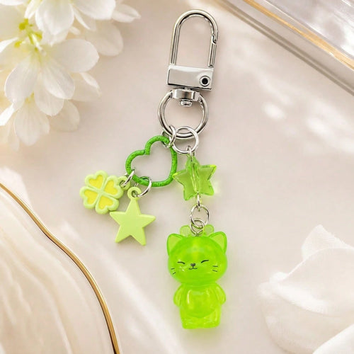 1pc Unisex Resin Glow-In-The-Dark Cat Animal Pendant Alloy Four-Leaf Clover Keychain Cute Cartoon Bag Charm
