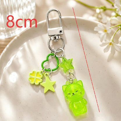 1pc Unisex Resin Glow-In-The-Dark Cat Animal Pendant Alloy Four-Leaf Clover Keychain Cute Cartoon Bag Charm
