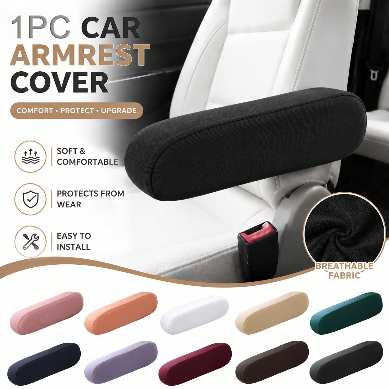 1PC Universal Car Armrest Protector Cover, Elastic Wear-Resistant Durable Armrest Sleeve, Removable And Washable, 11 Colors For All Seasons, Suitable For Business Van, Minivan, RV, SUV, Seat Cover Acc