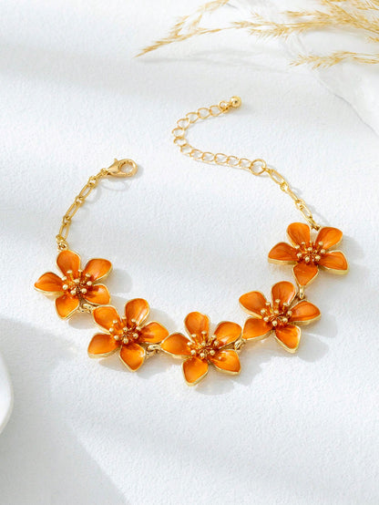 1pc Vacation Style Fresh & Energetic Retro Vibe Dopamine Orange Floral Charm Anklet, Suitable For Holiday/Travel/Date/Daily Wear, Elegant Ladies Jewelry
