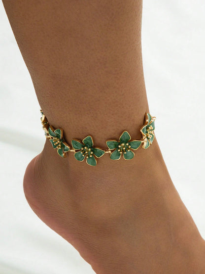 1pc Vacation Style Fresh & Energetic Retro Vibe Dopamine Orange Floral Charm Anklet, Suitable For Holiday/Travel/Date/Daily Wear, Elegant Ladies Jewelry