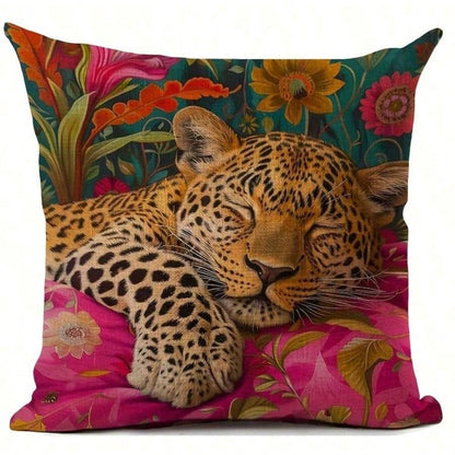 1pc Vibrant Jungle Leopard Print Pillow Cover With Tropical Floral Elements, Suitable For All Seasons (Pillow Insert Not Included)