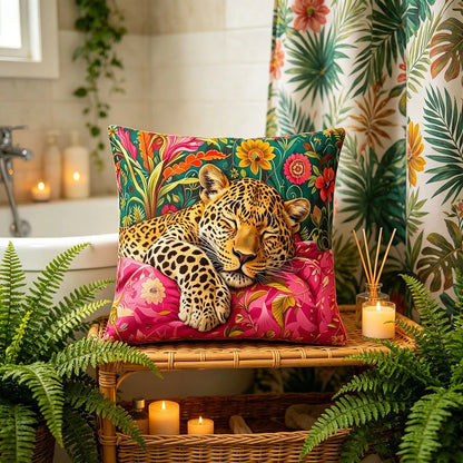 1pc Vibrant Jungle Leopard Print Pillow Cover With Tropical Floral Elements, Suitable For All Seasons (Pillow Insert Not Included)