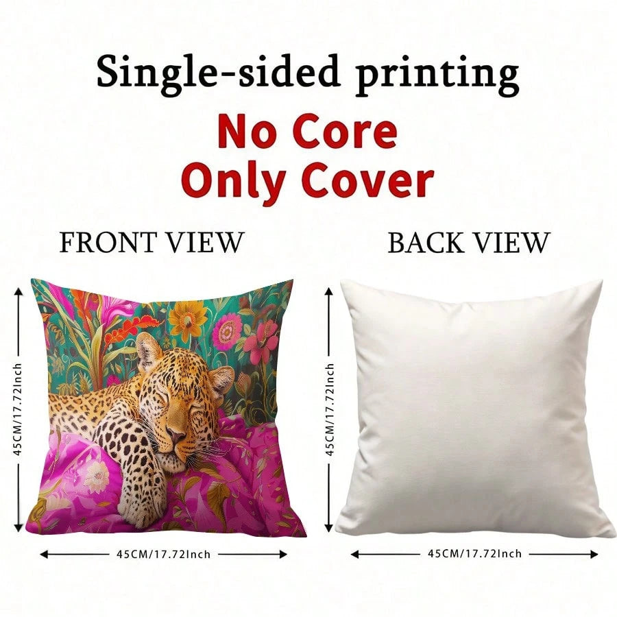 1pc Vibrant Jungle Leopard Print Pillow Cover With Tropical Floral Elements, Suitable For All Seasons (Pillow Insert Not Included)