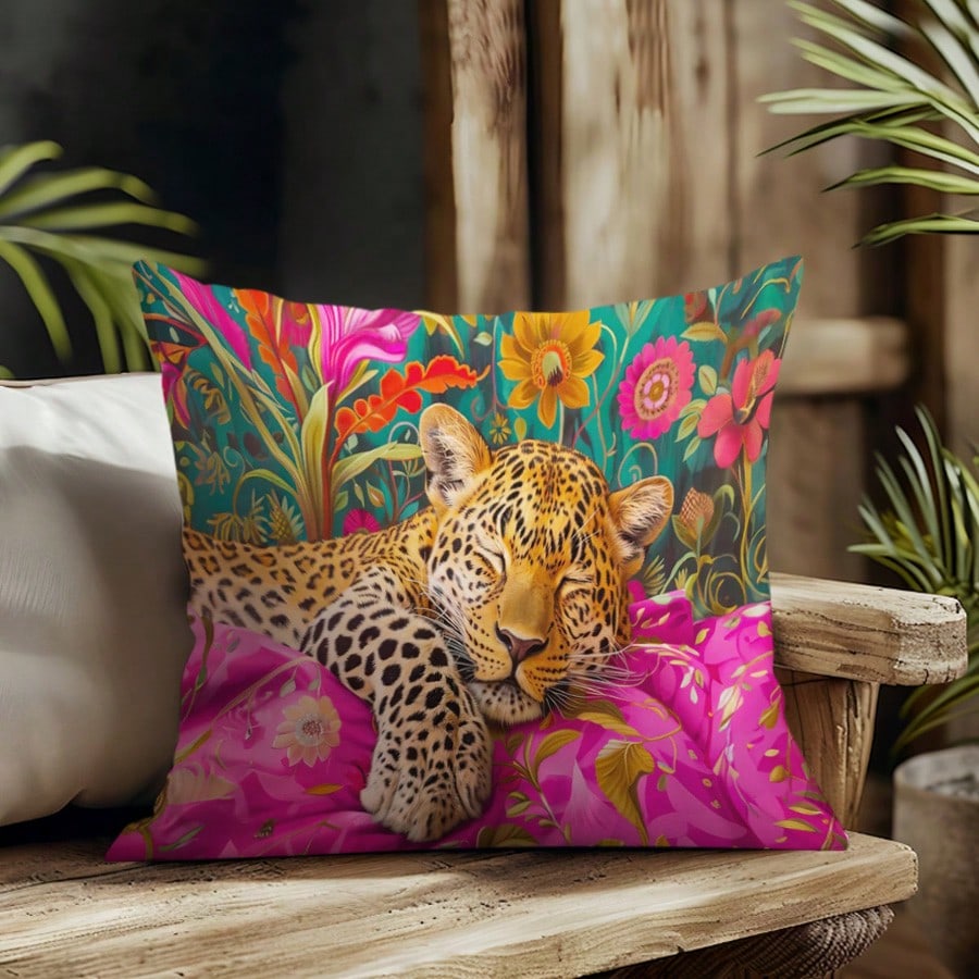 1pc Vibrant Jungle Leopard Print Pillow Cover With Tropical Floral Elements, Suitable For All Seasons (Pillow Insert Not Included)