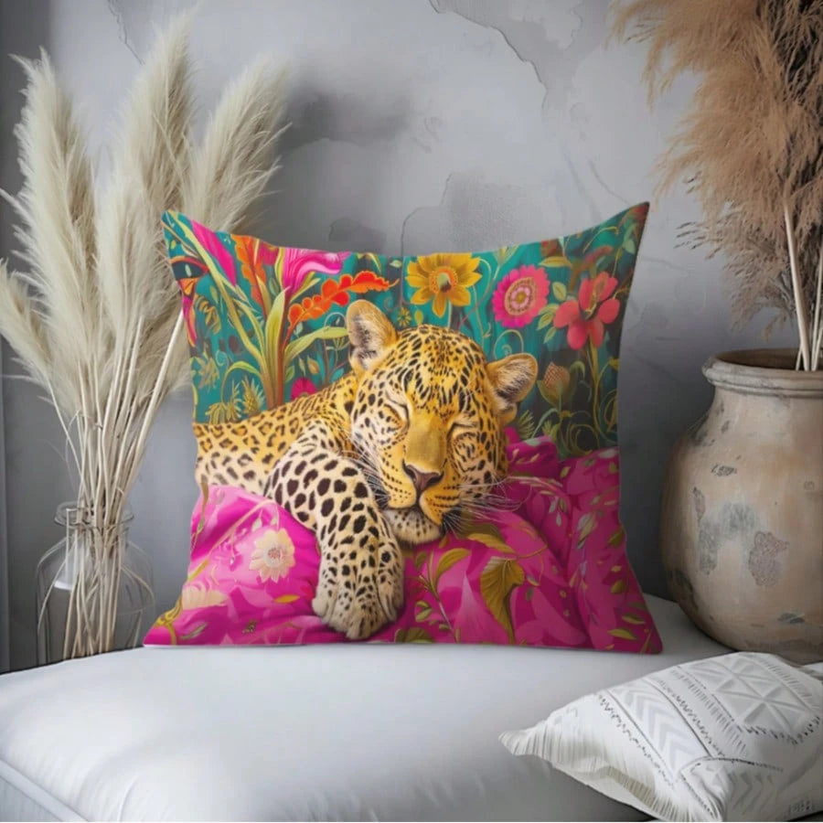 1pc Vibrant Jungle Leopard Print Pillow Cover With Tropical Floral Elements, Suitable For All Seasons (Pillow Insert Not Included)