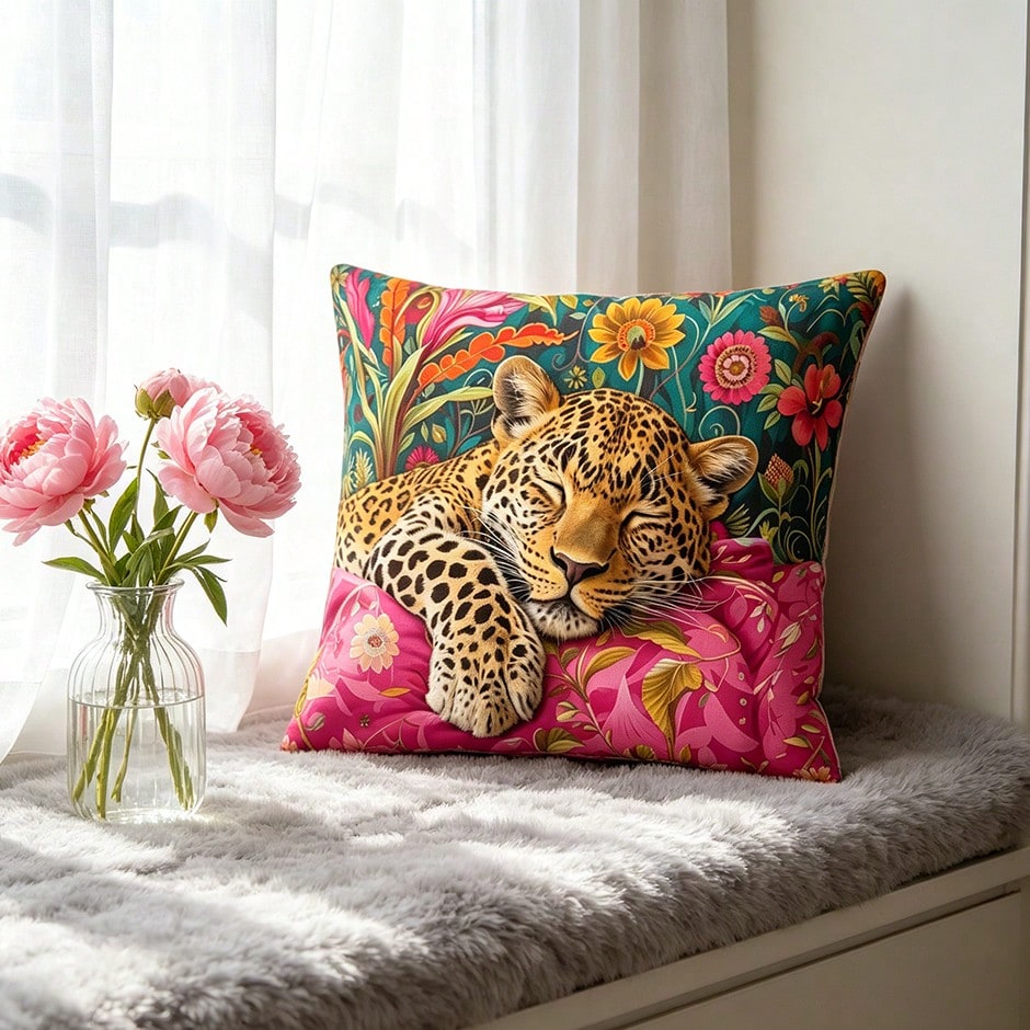 1pc Vibrant Jungle Leopard Print Pillow Cover With Tropical Floral Elements, Suitable For All Seasons (Pillow Insert Not Included)
