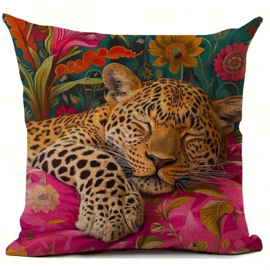 1pc Vibrant Jungle Leopard Print Pillow Cover With Tropical Floral Elements, Suitable For All Seasons (Pillow Insert Not Included)