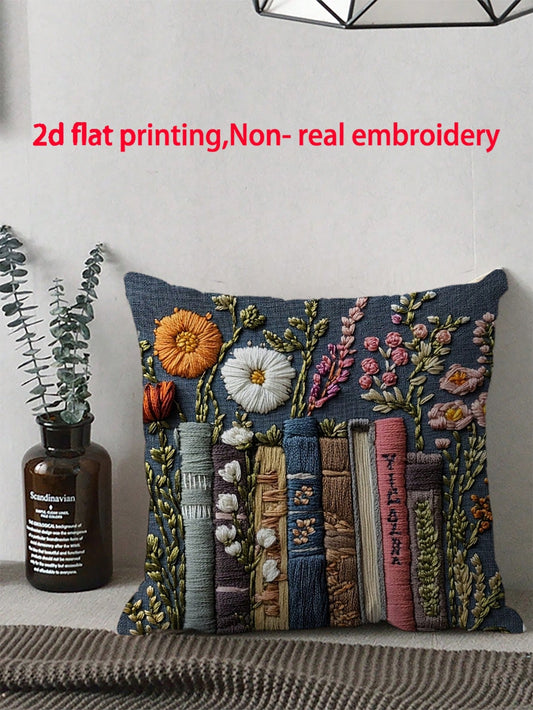 1pc Vintage Book & Floral Print Decorative Throw Pillow Cover With Zipper, Suitable For Various Rooms, Bedroom, Holiday, Party Decor, Flower & Book Spine Print Cushion Cover (No Embroidery) (Print Onl