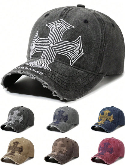 1pc Vintage Cross Embroidery Baseball Cap For Women, Retro Y2K Style Versatile Duck Bill Hat, American Heavy-Duty Distressed Personalized Soft Crown Hat For Men, Washed Ripped Soft Crown Face-Slimming