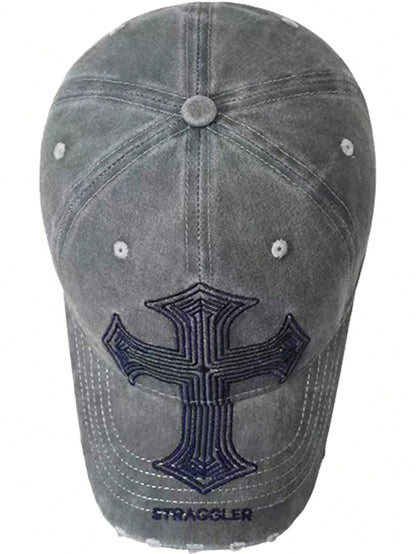 1pc Vintage Cross Embroidery Baseball Cap For Women, Retro Y2K Style Versatile Duck Bill Hat, American Heavy-Duty Distressed Personalized Soft Crown Hat For Men, Washed Ripped Soft Crown Face-Slimming