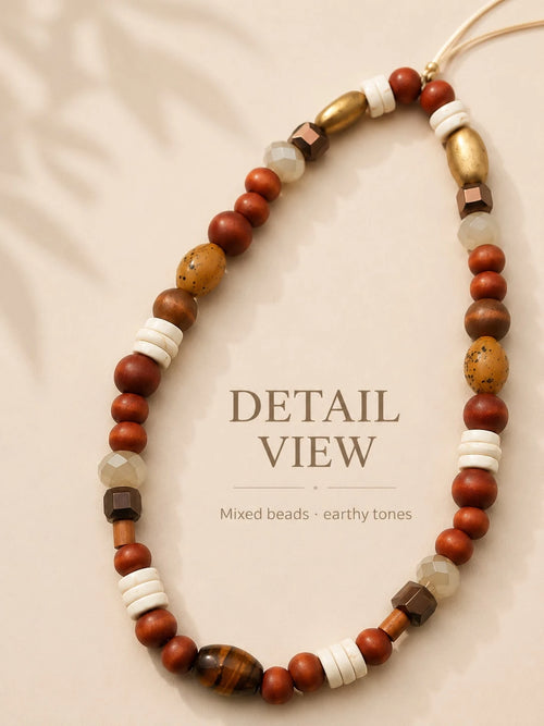 1pc Vintage Earth Tone Mixed Beaded Phone Lanyard Natural Wood Tiger Eye Stone Jade Faceted Crystal Brass Tube Bead Detachable Thin String Wrist Strap Decor For Cell Phone CCD Camera Handbag Boho Mini