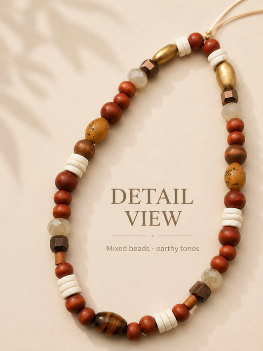 1pc Vintage Earth Tone Mixed Beaded Phone Lanyard Natural Wood Tiger Eye Stone Jade Faceted Crystal Brass Tube Bead Detachable Thin String Wrist Strap Decor For Cell Phone CCD Camera Handbag Boho Mini