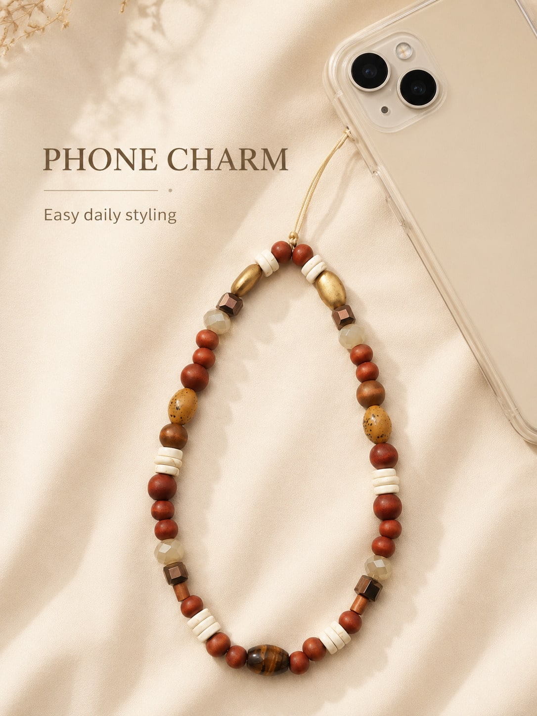 1pc Vintage Earth Tone Mixed Beaded Phone Lanyard Natural Wood Tiger Eye Stone Jade Faceted Crystal Brass Tube Bead Detachable Thin String Wrist Strap Decor For Cell Phone CCD Camera Handbag Boho Mini