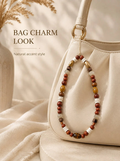 1pc Vintage Earth Tone Mixed Beaded Phone Lanyard Natural Wood Tiger Eye Stone Jade Faceted Crystal Brass Tube Bead Detachable Thin String Wrist Strap Decor For Cell Phone CCD Camera Handbag Boho Mini