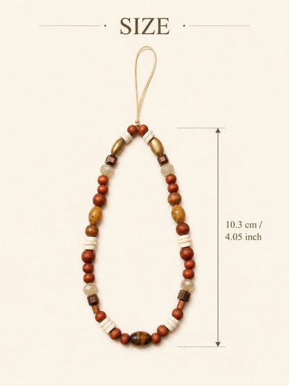 1pc Vintage Earth Tone Mixed Beaded Phone Lanyard Natural Wood Tiger Eye Stone Jade Faceted Crystal Brass Tube Bead Detachable Thin String Wrist Strap Decor For Cell Phone CCD Camera Handbag Boho Mini