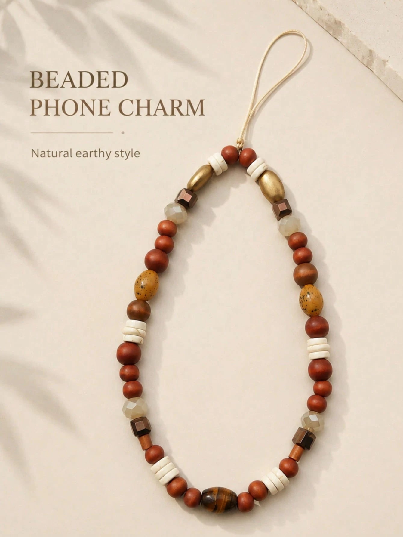 1pc Vintage Earth Tone Mixed Beaded Phone Lanyard Natural Wood Tiger Eye Stone Jade Faceted Crystal Brass Tube Bead Detachable Thin String Wrist Strap Decor For Cell Phone CCD Camera Handbag Boho Mini