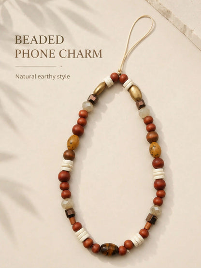 1pc Vintage Earth Tone Mixed Beaded Phone Lanyard Natural Wood Tiger Eye Stone Jade Faceted Crystal Brass Tube Bead Detachable Thin String Wrist Strap Decor For Cell Phone CCD Camera Handbag Boho Mini