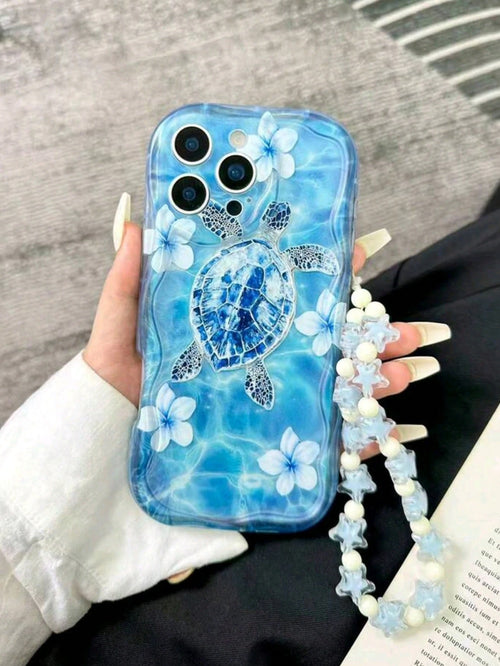 1pc Water Ripple Turtle Flower + Bracelet Phone Case Compatible With Apple 16 Pro/15 Pro/14/13/12/11 Fashion