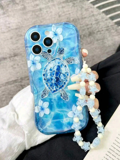 1pc Water Ripple Turtle Flower + Bracelet Phone Case Compatible With Apple 16 Pro/15 Pro/14/13/12/11 Fashion