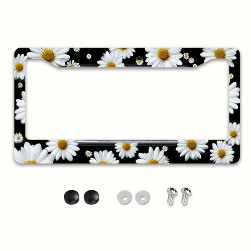 1pc White Daisy Metal License Plate Frame 12x6in, Elegant Frame With Mount Screws, Fits US & Global Vehicles, Easter Floral Car Decor Accessory,Car Cover,Car Must Haves,Gifts,Car Decor,Car Acessesorie