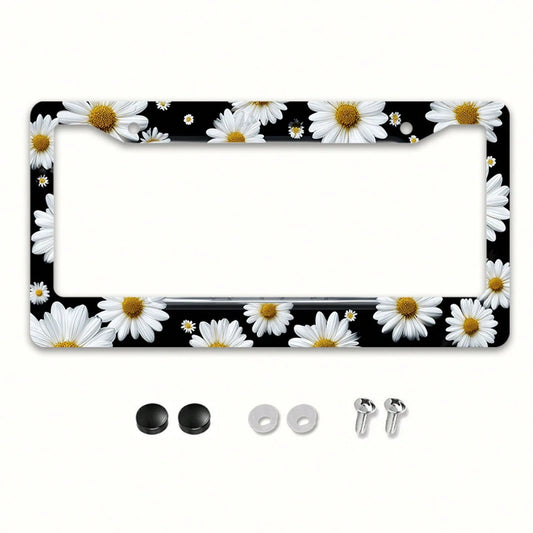 1pc White Daisy Metal License Plate Frame 12x6in, Elegant Frame With Mount Screws, Fits US & Global Vehicles, Easter Floral Car Decor Accessory,Car Cover,Car Must Haves,Gifts,Car Decor,Car Acessesorie