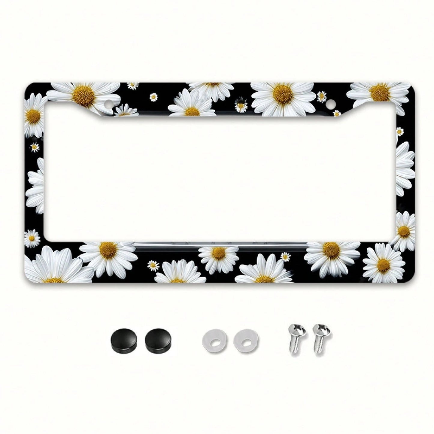 1pc White Daisy Metal License Plate Frame 12x6in, Elegant Frame With Mount Screws, Fits US & Global Vehicles, Easter Floral Car Decor Accessory,Car Cover,Car Must Haves,Gifts,Car Decor,Car Acessesorie