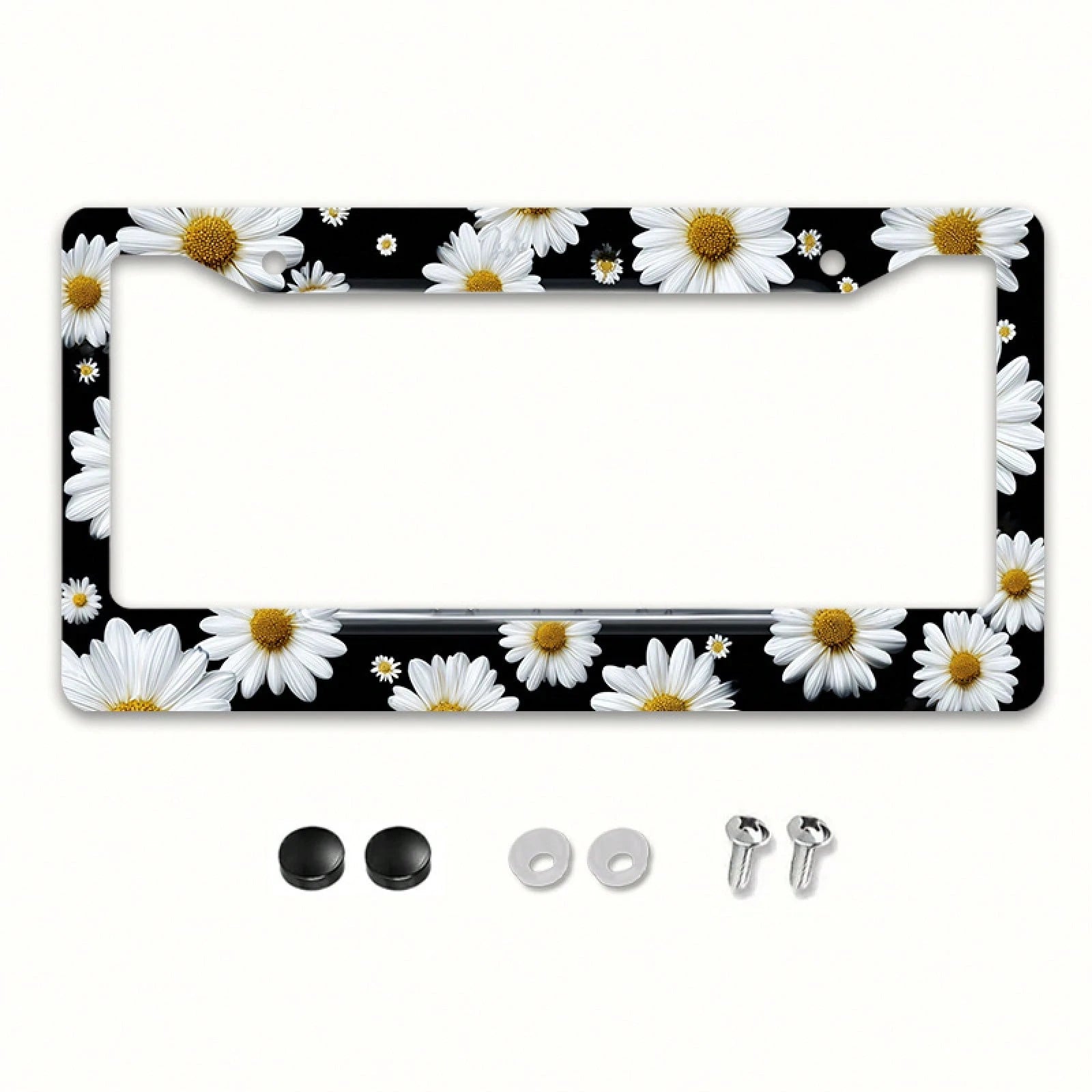 1pc White Daisy Metal License Plate Frame 12x6in, Elegant Frame With Mount Screws, Fits US & Global Vehicles, Easter Floral Car Decor Accessory,Car Cover,Car Must Haves,Gifts,Car Decor,Car Acessesorie
