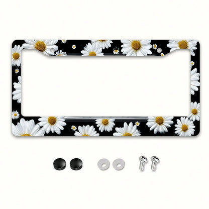 1pc White Daisy Metal License Plate Frame 12x6in, Elegant Frame With Mount Screws, Fits US & Global Vehicles, Easter Floral Car Decor Accessory,Car Cover,Car Must Haves,Gifts,Car Decor,Car Acessesorie