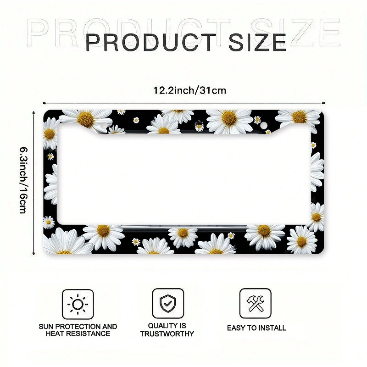 1pc White Daisy Metal License Plate Frame 12x6in, Elegant Frame With Mount Screws, Fits US & Global Vehicles, Easter Floral Car Decor Accessory,Car Cover,Car Must Haves,Gifts,Car Decor,Car Acessesorie