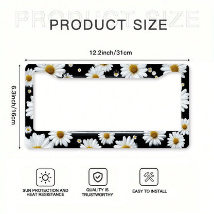 1pc White Daisy Metal License Plate Frame 12x6in, Elegant Frame With Mount Screws, Fits US & Global Vehicles, Easter Floral Car Decor Accessory,Car Cover,Car Must Haves,Gifts,Car Decor,Car Acessesorie