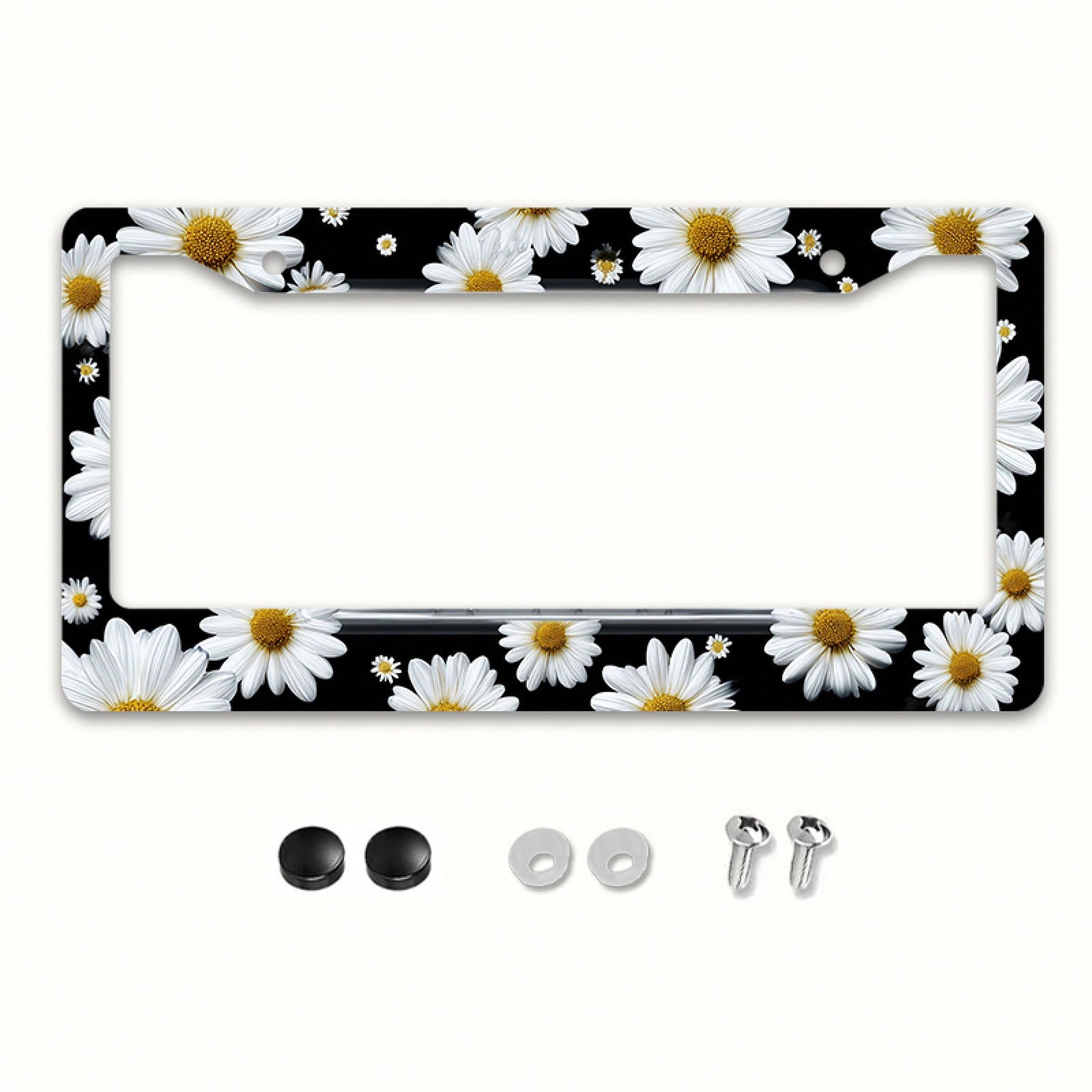 1pc White Daisy Metal License Plate Frame 12x6in, Elegant Frame With Mount Screws, Fits US & Global Vehicles, Easter Floral Car Decor Accessory,Car Cover,Car Must Haves,Gifts,Car Decor,Car Acessesorie