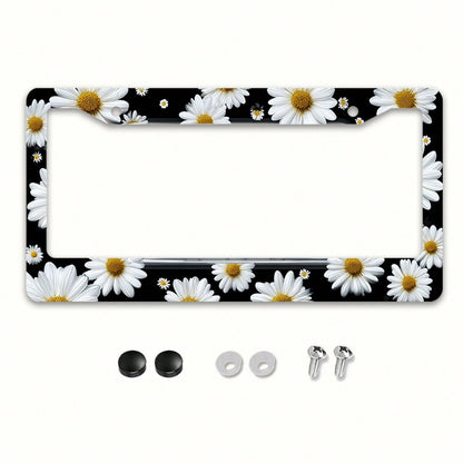 1pc White Daisy Metal License Plate Frame 12x6in, Elegant Frame With Mount Screws, Fits US & Global Vehicles, Easter Floral Car Decor Accessory,Car Cover,Car Must Haves,Gifts,Car Decor,Car Acessesorie