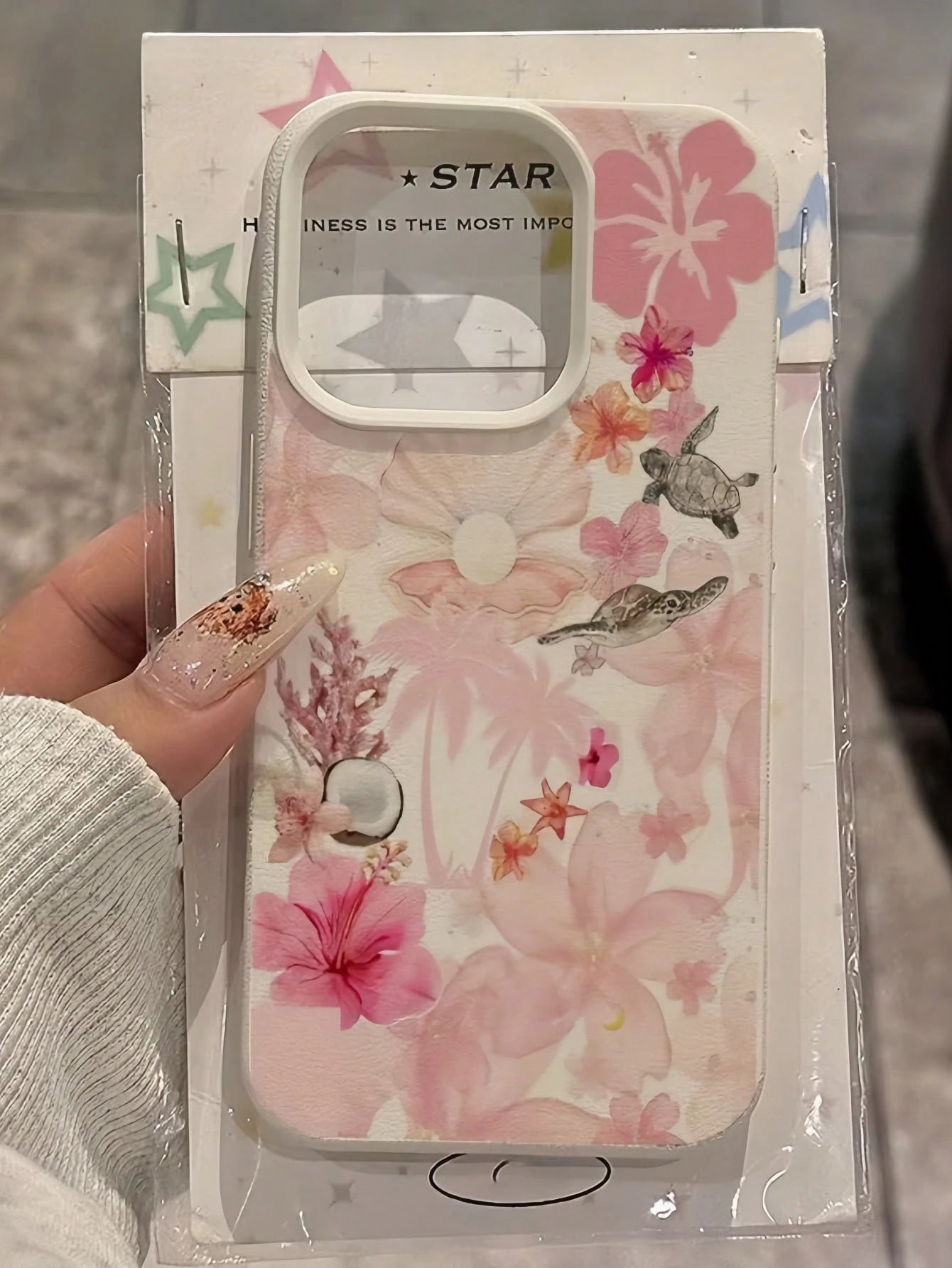 1pc White Minimalist Personalized Pink Flower Ocean Sea Turtle Coconut Orchid Coral Pattern Phone Case Compatible With IPhone 16 Pro Max/17/16/15/14 Plus/13/12/11/Air And Series