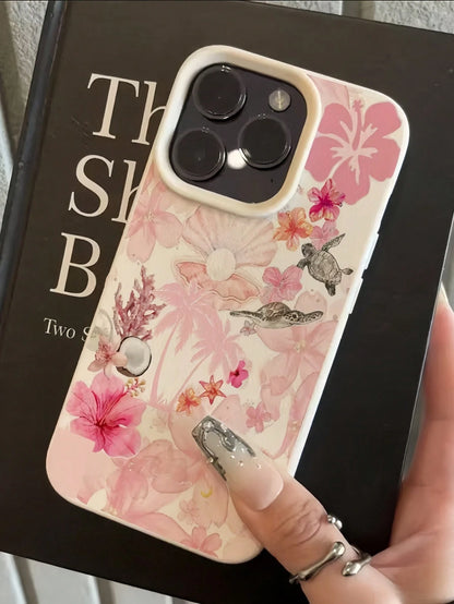 1pc White Minimalist Personalized Pink Flower Ocean Sea Turtle Coconut Orchid Coral Pattern Phone Case Compatible With IPhone 16 Pro Max/17/16/15/14 Plus/13/12/11/Air And Series